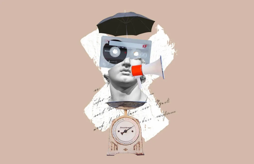 Een illustratie van een casettebandje dat op een hoofd lijkt en bij de stories past.